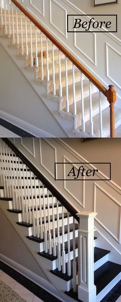 before and after photos of a stair case in a house with white painted railings