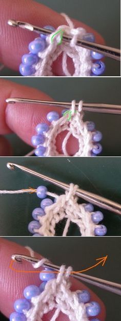 three pictures showing how to crochet the first part of a snowflake