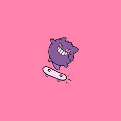 a cartoon character is riding a skateboard on a pink background with an evil expression