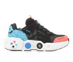 Gamer-inspired synthetic upper with padded collar and fabric lining, Adjustable Velcro strap closure and bungee cord laces, Classic round toe with Toe Protect overlay, Cushioned Air-Cooled Memory Foam® insole with fabric lining, Sculpted foam midsole featuring game controller icons, Durable non-marking outsole, Skechers® branding details | Boys' Skechers Little Kid & Big Kid Gametronix Running Shoes in Black/Blue/White Size 11 - Little Kid Medium Skechers Sneakers, Lightweight Sneakers, Luxury Sneakers, Shoe Carnival, Boy Shoes, Black Running Shoes, Skechers Shoes, Velcro Straps, Saucony Sneaker