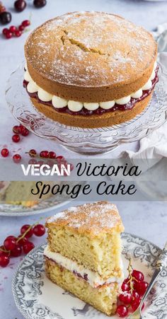 a cake on a plate with the words vegan victoria sponge cake