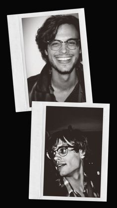 two black and white photos of a man with glasses smiling at the same time as he looks to his left