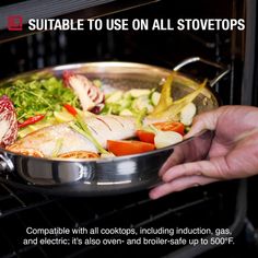 someone holding a pan with vegetables in it over an open oven door that says, suitable to use all stovetops