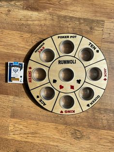 a wooden table topped with lots of buttons