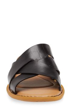 Wide, asymmetric straps crisscross over the vamp of a leather slide sandal grounded by a cushioned footbed and durable rubber sole. Cushioned footbed Leather upper/textile lining/rubber sole Imported Black F, Leather Slide Sandals, The Vamps, Sandal Women, Slide Sandals, Criss Cross, Nordstrom Rack, Rubber Sole, Womens Sandals