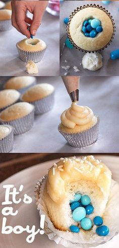 an advertisement for some kind of cupcakes that is being cut in half and put on