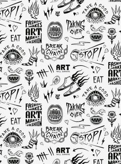 an abstract pattern with the words art and symbols in black and white colors on a white background