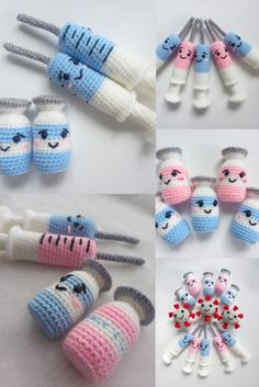 crocheted toothbrushes with different designs and colors are arranged in the same pattern