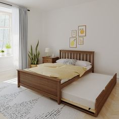 a bedroom with a bed, dresser and window