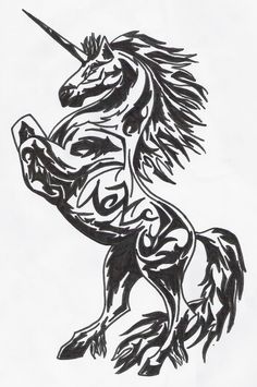 a black and white drawing of a unicorn