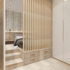 a bedroom with wooden slats on the wall and stairs leading up to the bed