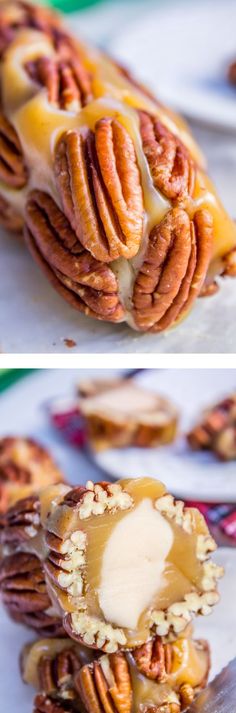 two pictures of some kind of desert with caramel and pecans on top, one is covered in icing