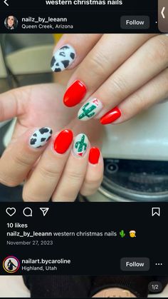 Xmas Nails Grinch, Cowgirl Christmas Nails, Western Holiday Nails, Christmas Cactus Nails, Western New Years Nails, Cow Print Christmas Nails, Western Christmas Nails Acrylic, Christmas Cow Print Nails, Christmas Country Nails