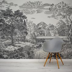 Castle Glade Mono Wallpaper In Room With Grey Chair Black And White Wallpaper Vintage, Black And White Castle, Victorian Landscape, Majestic Castle, Fairfield House, Seaside Wallpaper, Lake Wallpaper, Monochrome Wallpaper, Landscape Wallpapers