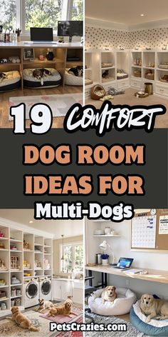 Pinterest collage featuring four dog room design ideas with text "19 Comfort Dog Room Ideas for Multi-Dogs" in bold typography. Images showcase different setups including: a home office with under-desk dog beds, a luxury built-in corner dog lounge with personalized cubbies, a laundry room pet command center with storage, and a minimalist workspace with integrated dog beds. Each design demonstrates practical solutions for multi-dog households, combining storage, comfort, and style. Dog Suites Ideas, Built In Dog Room, Dog Crate Room Ideas, Closet Dog Room Ideas, Dog Friendly Home Ideas, Large Dog Kennel Ideas Indoor, Dogs Room Ideas, Dog Rooms In House, Pet Room Ideas Dogs