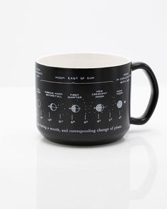 a black and white coffee mug with the solar system on it