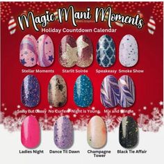 Magical Mani Moments We're pouring the bubbly and celebrating the season in style! This line features EXCLUSIVE surprise nail strips to unwrap ! The Magical Mani Moments includes 12 NEW full-size nail strips that you will set you apart for the holiday's:  Street is 100% real nail polish strips made in the USA that is easy to apply and last for roughly two weeks. There are countless colors. * Most are in stock and ready to ship the same day! * Color Street Nail Strips * 16 Real Nail Polish Strips *Easy peel and apply with no dry time. Just apply and go! *Brand New never been opened Color Street Strips. *Each pack contains (1) alcohol pad and (1) nail buffer and (1) package of nail strips * Mix & match from any of my listings * Flat rate shipping of $4.00 per order * Orders of $40.00 ship fr Holiday Countdown, Black Tie Affair, Nail Buffer, Nail Polish Strips, Color Street Nails, Nail Decals, Mix Match