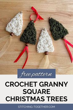 crocheted granny granny square christmas trees with text overlay that says free pattern