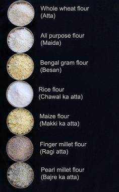 an image of different types of flour in spoons on a black background with text