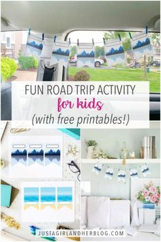 the inside of a car with text overlay reading fun road trip activity for kids with free printables