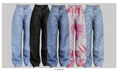 five pairs of jeans with different colors and patterns