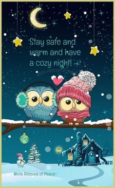 two owls sitting on top of a tree branch in front of a night sky with stars and