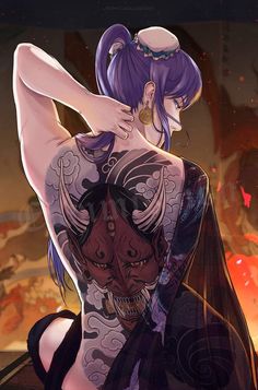 a woman with purple hair and tattoos on her back, standing next to a demon