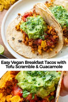 easy vegan breakfast tacos with tortilla and guacamole on a plate