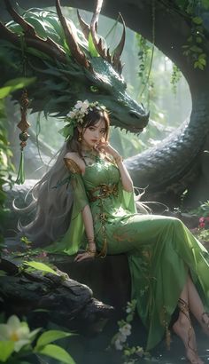 a woman in a green dress sitting next to a dragon