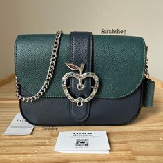 100% Authentic Brand New With Tags C6797 Multi Colorblock Leather Gemma Xbody With Apple Buckle Forest/Midnight Navy And Silver Hardware Approximate Measurements: 7” L X 5.5” H X 2.5” D Chain Strap With 23” Drop Green Coach Shoulder Bag For Evening, Midnight Navy, Coach Purse, Small Crossbody Bag, Coach Purses, Silver Hardware, Chain Strap, Coach Bags, Color Blocking