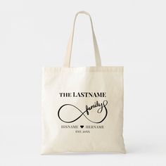 a tote bag with the words, the last name and an image of a heart