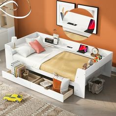 a bedroom with orange walls and white furniture