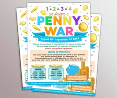 Get Ready to Make Fundraising Fun and Exciting with our Editable Penny War Fundraiser Flyer! Create a Playful Design and Motivate People to Donate. Looking for a unique way to raise funds for your cause? Our customizable flyer is the perfect tool to create a thrilling competition that will engage people and have them scrambling for their pennies. With every penny counting as positive points, the stakes are high and the excitement is palpable. Don't miss out on this opportunity to make your fundr Penny Fundraiser Ideas, Coin Fundraiser Ideas, Penny Wars Fundraiser, Penny Wars, Pta Fundraising, Pto Ideas, Fundraiser Flyer, Fundraising Event, Event Template