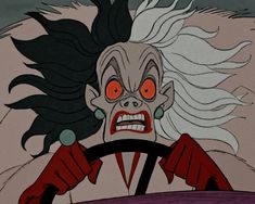 an animated image of a creepy clown driving a car with his hair blowing in the wind