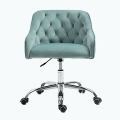 an office chair with wheels and a blue upholstered cushion on the back, against a white background