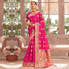 Rani Pink colored saree is made from art silk fabric which is highlighted with beautiful weaving work as shown. comes along unstitched art silk blouse piece which you can customise as per your design/style. Occasion - You can wear this saree for festivals, functions and ideal for any fashionista. Note:- The actual product may differ slightly in color and design from the one illustrated in the images when compared with computer or mobile screen. Art Silk Saree For Traditional Ceremonies, Pink Art Silk Saree With Motifs, Pink Saree With Unstitched Blouse For Traditional Ceremonies, Semi-stitched Saree With Unstitched Blouse For Traditional Ceremonies, Art Silk Saree With Zari Weaving For Navratri, Semi-stitched Art Silk Saree For Traditional Ceremonies, Banarasi Silk Saree With Unstitched Blouse For Traditional Ceremonies, Navratri Art Silk Saree With Zari Weaving, Pink Paithani Silk Saree With Unstitched Blouse