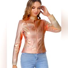 Elevate Your Style Statement With This Stunning Baccini Mott Feux Leather Jacket. Crafted From High-Quality Polyurethane, This Jacket Features A Metallic Rose Gold. The Jacket Is Fully Zippered And Comes With A Polyester Lining For Added Comfort. Add This Statement Piece To Your Closet And Stand Out From The Crowd. Fitted Pink Outerwear With Zipper Closure, Chic Pink Leather Jacket With Zipper Closure, Fitted Pink Leather Jacket For Winter, Fitted Long Sleeve Pink Leather Jacket, Fitted Pink Leather Jacket For Fall, Pink Fitted Leather Jacket For Spring, Fitted Pink Leather Jacket For Spring, Metallic Rose Gold, Black Faux Leather Jacket