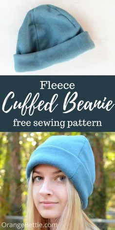 a woman wearing a blue beanie with text overlay that says fleece cuffed beanie free sewing pattern