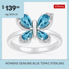 Ring Style: Cocktail RingsSetting: ProngShape: Butterfly, AnimalsStone Cut: PearStone Millimeter Measurement: 6 Mm Length, 4 Mm WidthMetal Color: WhiteRing Top Length: 5.1mmRing Top Width: 11.6mmBand Width: 2mmCare: Wipe CleanStone Type: 4 Genuine Blue Topaz, 12 Lab Created SapphireAuthenticity: Genuine StoneBirthstone: December BirthstoneMetal: Sterling SilverCountry of Origin: Imported Butterfly Cocktail, 2 Rings, Ring Color, Silver Butterfly, Swiss Blue Topaz, Ring Style, Type 4, Cocktail Ring, Cocktail Rings