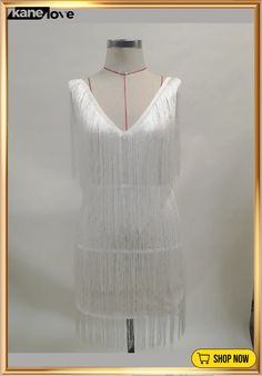 Women Summer White V-neck Sleeveless Fringe Mini Club Dress Dresses Club, Club Dress, Summer White, White Summer, Club Dresses, Hot Sale, V Neck, White