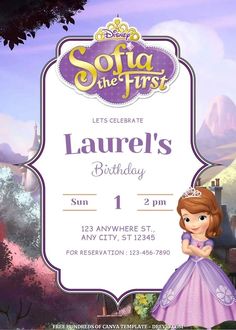 a princess birthday party with an image of the princess in her purple gown and tiara