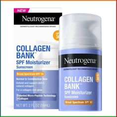 Starting in your 20's you lose up to 1% of collagen each year. Skin’s natural collagen is vital for youthful looking skin. Strengthen the collagen you have, build the collagen you don’t with NEW Neutrogena Collagen Bank SPF 30 Facial Moisturizer. This anti-aging face cream is boosted with a patented micro-peptide technology developed with dermatologists. The micro-peptide is 2x smaller than leading anti-aging peptides, which only sit on top of skin, to penetrate more than 10 layers** deep to sup Prep For Makeup, European Skincare, Budget Skincare, Celebrity Skincare, Neutrogena Sunscreen, Facial Peels, Skincare Myths, Spf Face Moisturizer