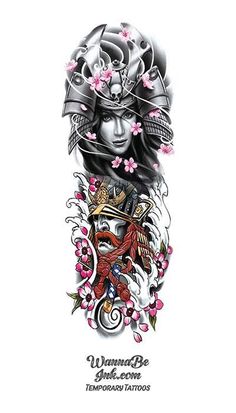 Female Samurai Kabuki Samurai with Cherry Blossoms Temporary Sleeve Tattoos Tattoo Tiger, Fake Tattos, Female Samurai, Mermaid Sticker, Dragon Tattoos, True Tattoo, Tattoo Transfers, Arm Sleeve Tattoos, Japanese Dragon