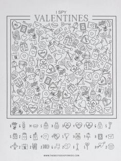 valentine's day coloring page with lots of hearts and other things to color in