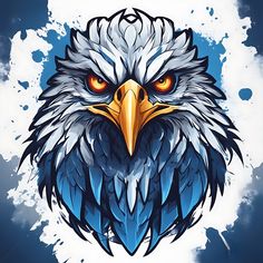 an eagle's head with orange eyes on a blue and white paint splattered background