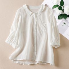 Women's Summer Cotton Linen Shirt Top Lapel Mid Sleeve Light Weight Shirt Blouse Spring Plain Shirt With Casual Collar, Spring Casual Collar Plain Shirt, Spring Short Sleeve Shirt With Casual Collar, Spring Casual Collar Plain Short Sleeve Shirt, Plain Collared Tops For Spring, Spring Blouse With Casual Collar In Solid Color, Plain Shirt For Spring Workwear, White Blouse With Casual Collar For Work, Plain Shirt For Workwear In Spring