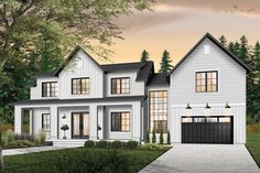 this is an artist's rendering of the front elevation of a house with two garages