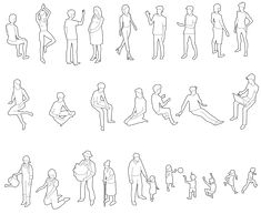 the silhouettes of people sitting and standing in different positions, all drawn by hand