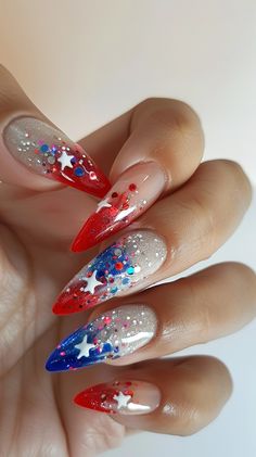 Blooming Gel Nail Art 4th Of July, Fireworks Nails Design, Patriot Nails, Nails Fireworks, 4th Of July Nail Designs, Marvel Nails, Firework Nail Art, 4th Nails, Patriotic Nails Design