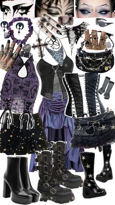 drag inspo miniskirt maximalist goth black purple witch early 2000s mcbling miniskirt scemo-ish Y2k Witch Aesthetic, Goth Outfits Concert, Early 2000s Goth Fashion, 2000s Fashion Goth, Goth 2000s Fashion, 2000s Goth Outfits, Black And Purple Outfit Ideas, Witch Goth Outfits, Biopunk Fashion